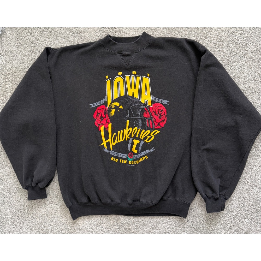 Vintage 1991 Iowa Hawkeyes Rose Bowl Big Ten Champs Sweatshirt Black XL